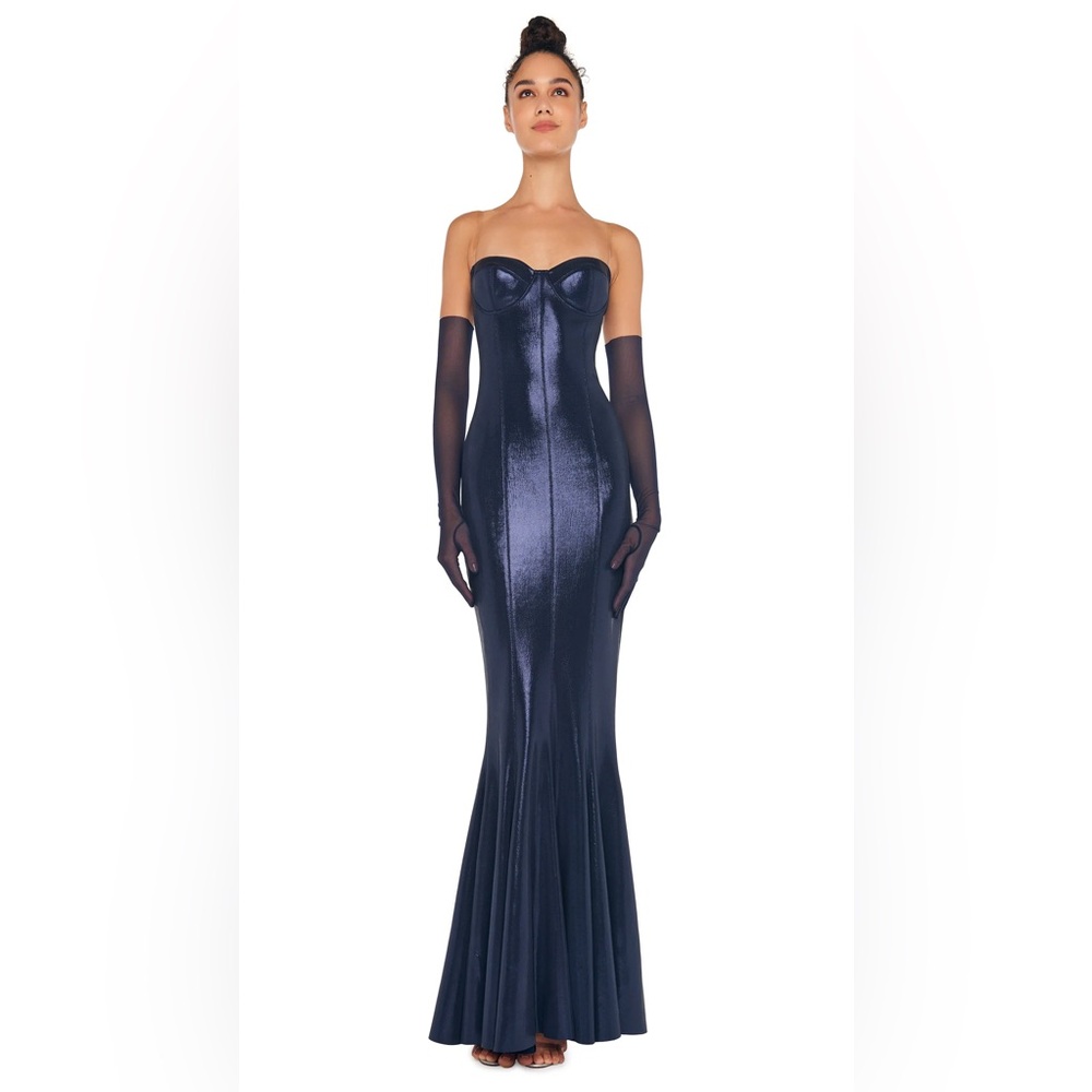 Norma Kamala Bonded Corset Strapless Dress Lamé Metallic Navy Blue - Small